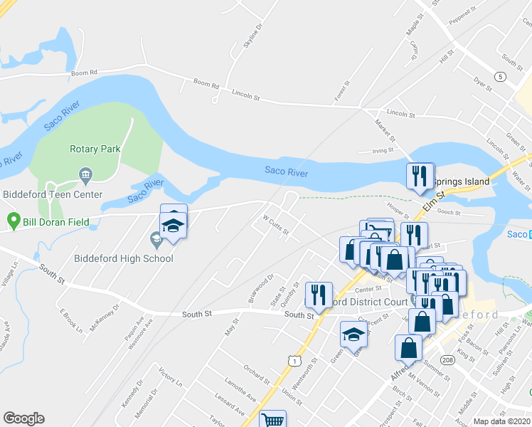 map of restaurants, bars, coffee shops, grocery stores, and more near 92 West Cutts Street in Biddeford