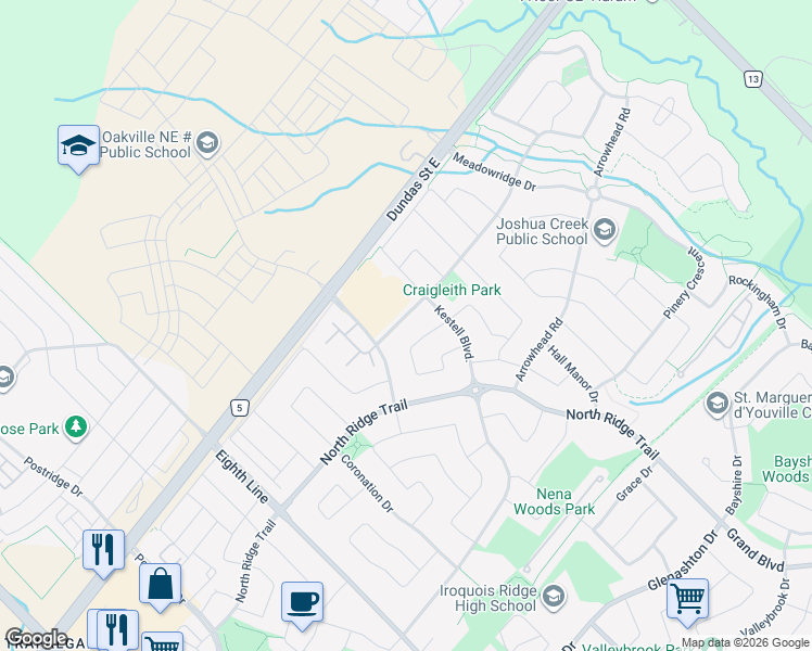map of restaurants, bars, coffee shops, grocery stores, and more near 1264 Craigleith Road in Oakville