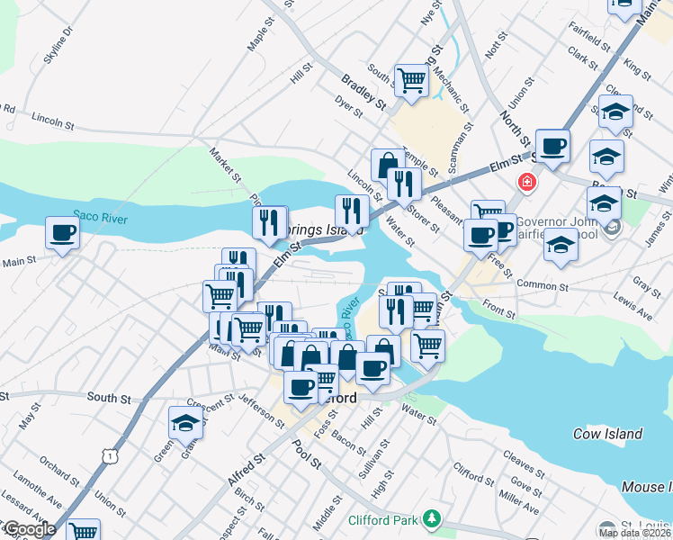 map of restaurants, bars, coffee shops, grocery stores, and more near 1-99 Gooch St in Biddeford
