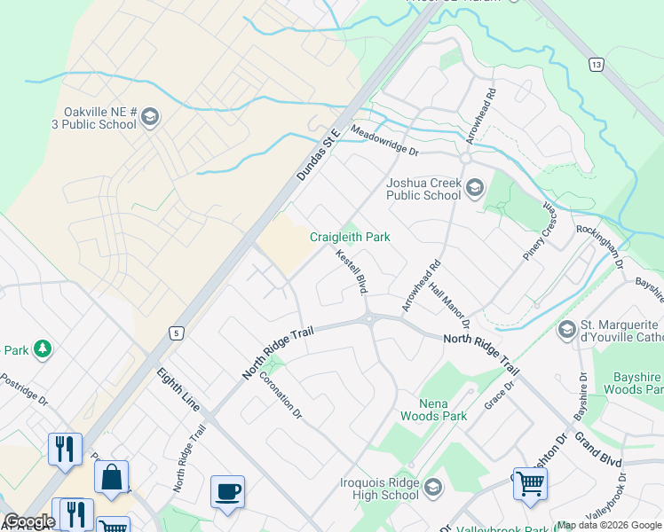 map of restaurants, bars, coffee shops, grocery stores, and more near 1289 Jezero Crescent in Oakville