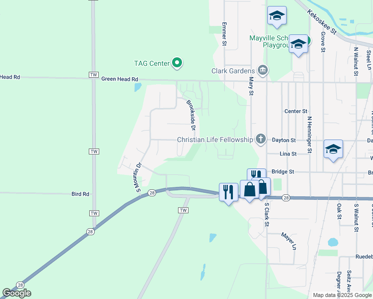 map of restaurants, bars, coffee shops, grocery stores, and more near 1549 Dayton Street in Mayville