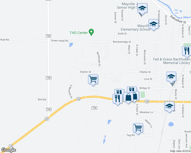 map of restaurants, bars, coffee shops, grocery stores, and more near 1549 Dayton Street in Mayville