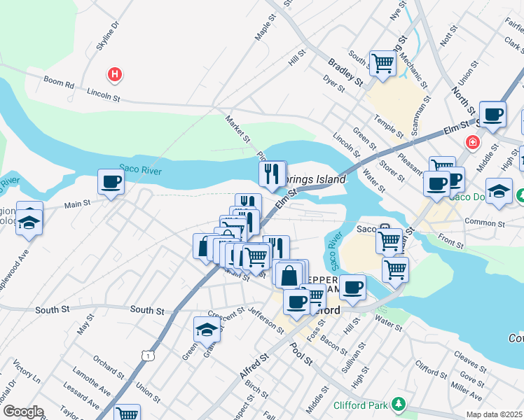 map of restaurants, bars, coffee shops, grocery stores, and more near 88 Elm Street in Biddeford