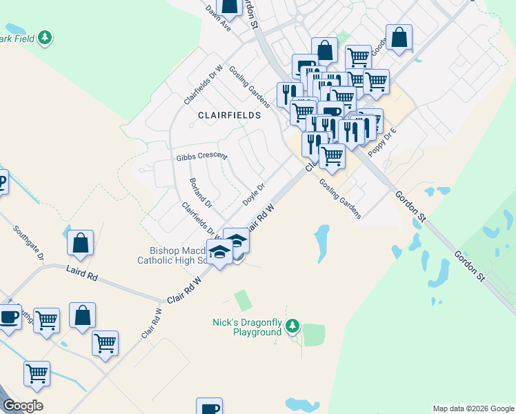 map of restaurants, bars, coffee shops, grocery stores, and more near 91 Doyle Drive in Guelph