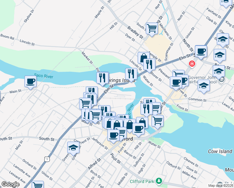 map of restaurants, bars, coffee shops, grocery stores, and more near 1-99 Gooch St in Biddeford