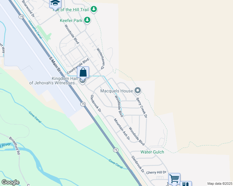 map of restaurants, bars, coffee shops, grocery stores, and more near 2951 Woodside Boulevard in Hailey