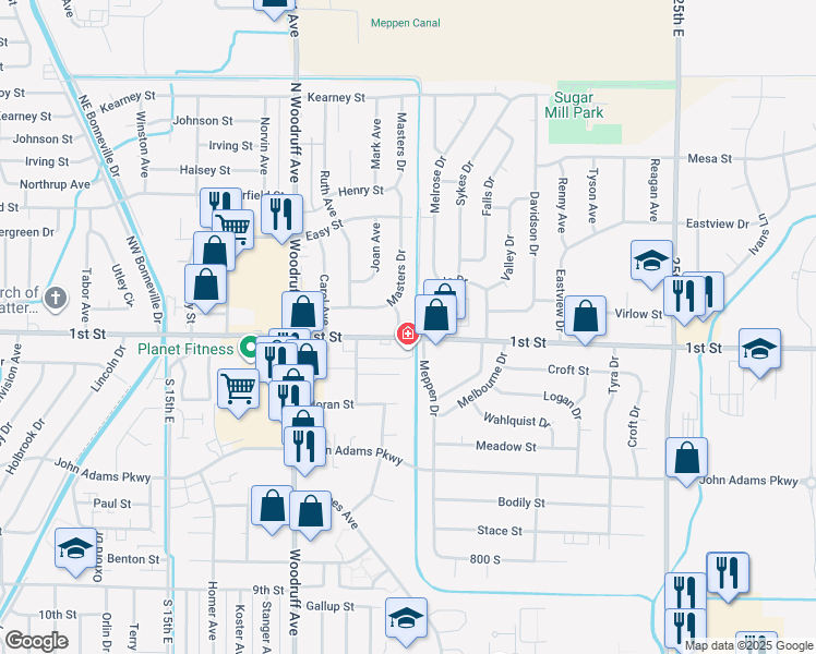 map of restaurants, bars, coffee shops, grocery stores, and more near 130 Hatch Avenue in Idaho Falls