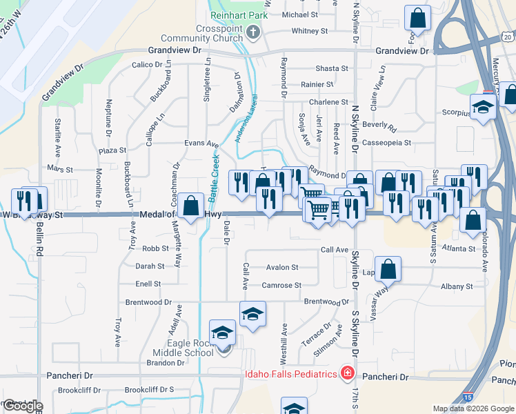 map of restaurants, bars, coffee shops, grocery stores, and more near 1950 West Broadway Street in Idaho Falls