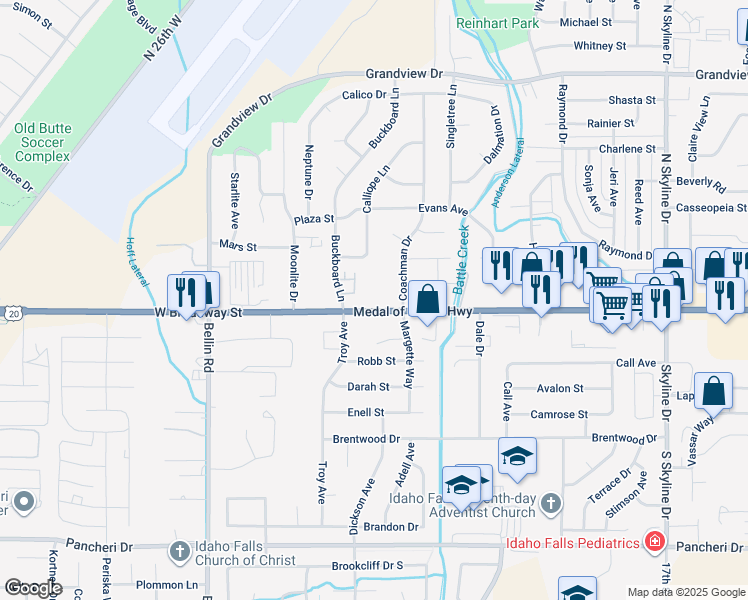 map of restaurants, bars, coffee shops, grocery stores, and more near 2232 West Broadway Street in Idaho Falls