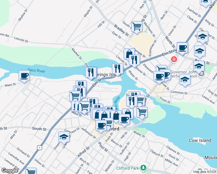 map of restaurants, bars, coffee shops, grocery stores, and more near 1-99 Gooch St in Biddeford