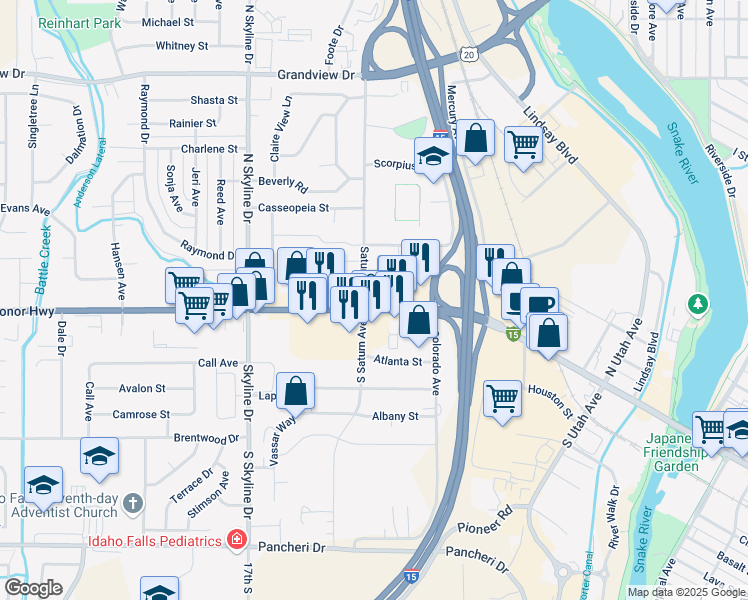 map of restaurants, bars, coffee shops, grocery stores, and more near 1490 West Broadway Street in Idaho Falls
