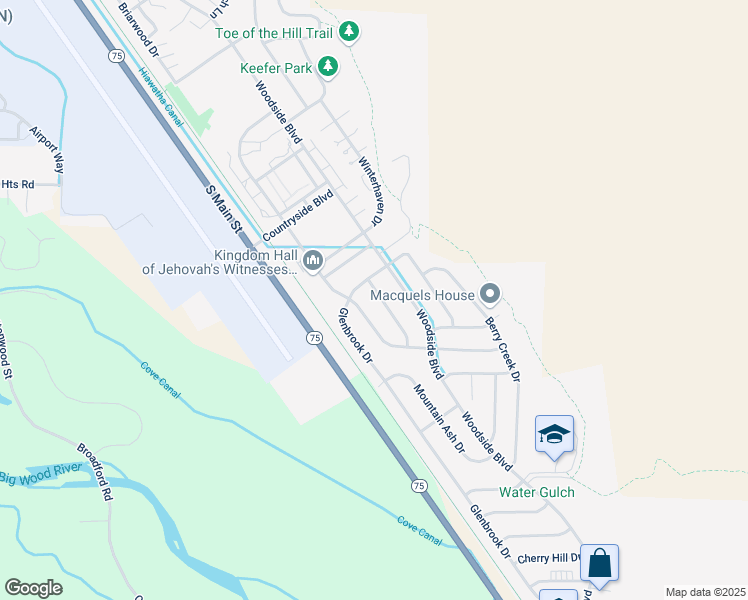 map of restaurants, bars, coffee shops, grocery stores, and more near 2931 Beaverbrook Drive in Hailey