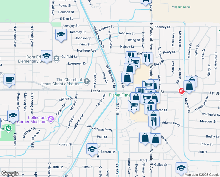 map of restaurants, bars, coffee shops, grocery stores, and more near 1385 1st Street in Idaho Falls