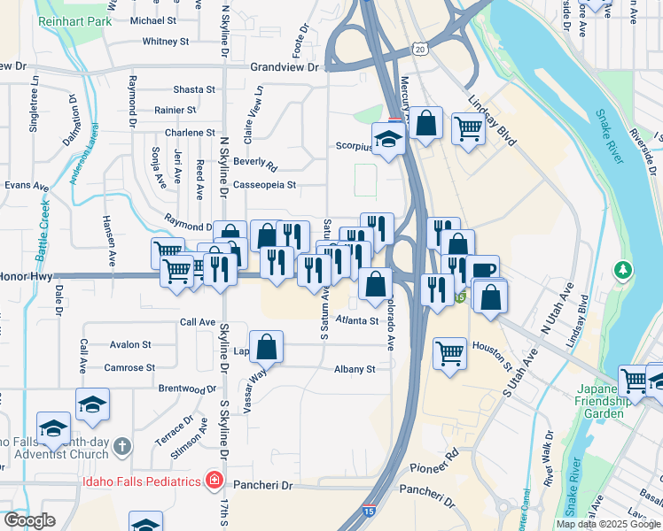 map of restaurants, bars, coffee shops, grocery stores, and more near 1490 West Broadway Street in Idaho Falls
