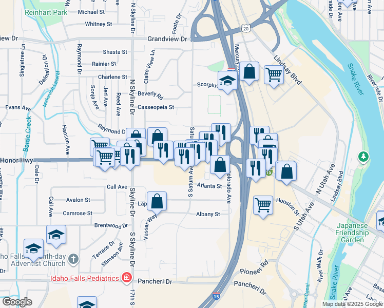 map of restaurants, bars, coffee shops, grocery stores, and more near 1510 West Broadway Street in Idaho Falls