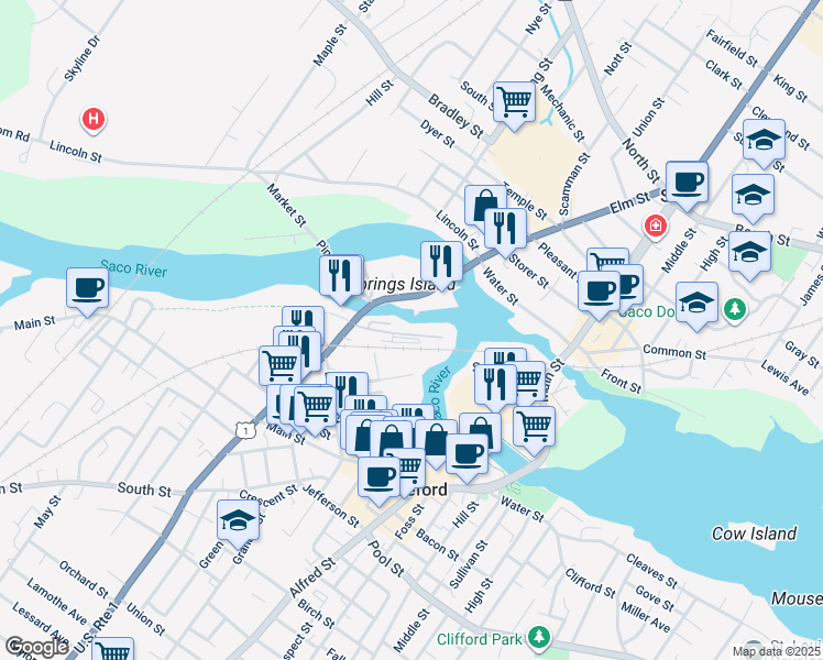 map of restaurants, bars, coffee shops, grocery stores, and more near 1-99 Gooch St in Biddeford
