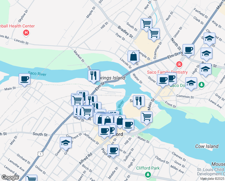 map of restaurants, bars, coffee shops, grocery stores, and more near 1-99 Gooch St in Biddeford