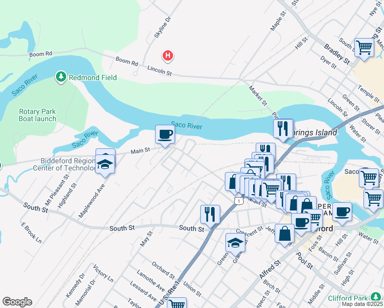 map of restaurants, bars, coffee shops, grocery stores, and more near 410 Main Street in Biddeford