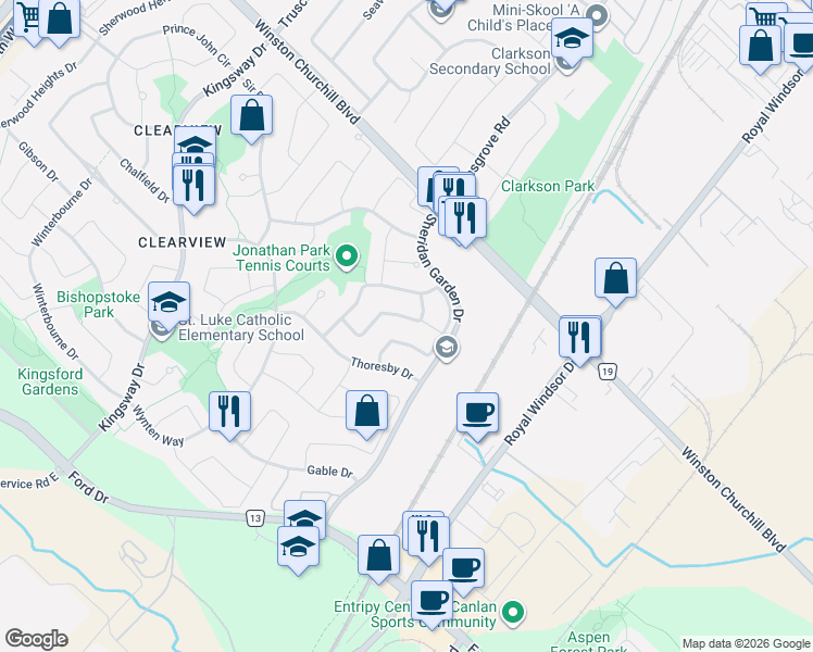 map of restaurants, bars, coffee shops, grocery stores, and more near 2776 Teak Crescent in Oakville
