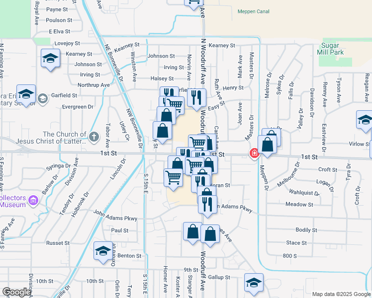 map of restaurants, bars, coffee shops, grocery stores, and more near 1655 1st Street in Idaho Falls