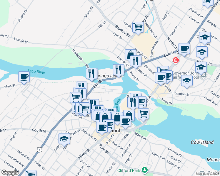 map of restaurants, bars, coffee shops, grocery stores, and more near 1-99 Gooch St in Biddeford
