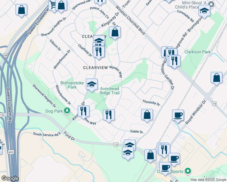 map of restaurants, bars, coffee shops, grocery stores, and more near 2589 Addingham Crescent in Oakville