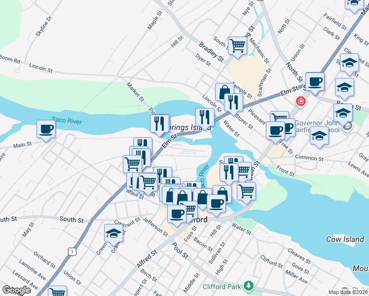 map of restaurants, bars, coffee shops, grocery stores, and more near 1-99 Gooch St in Biddeford