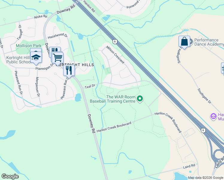 map of restaurants, bars, coffee shops, grocery stores, and more near 55 Teal Dr in Guelph
