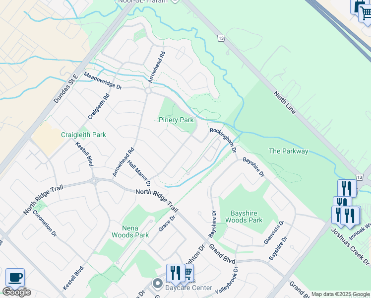 map of restaurants, bars, coffee shops, grocery stores, and more near 1443 Clearwater Crescent in Oakville