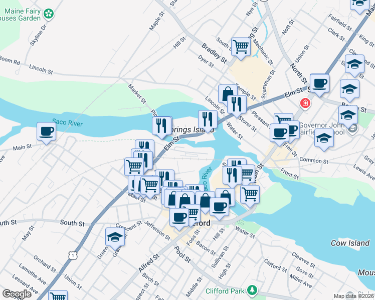 map of restaurants, bars, coffee shops, grocery stores, and more near 1-99 Gooch St in Biddeford
