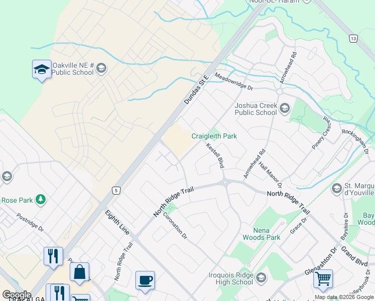 map of restaurants, bars, coffee shops, grocery stores, and more near 1264 Craigleith Road in Oakville