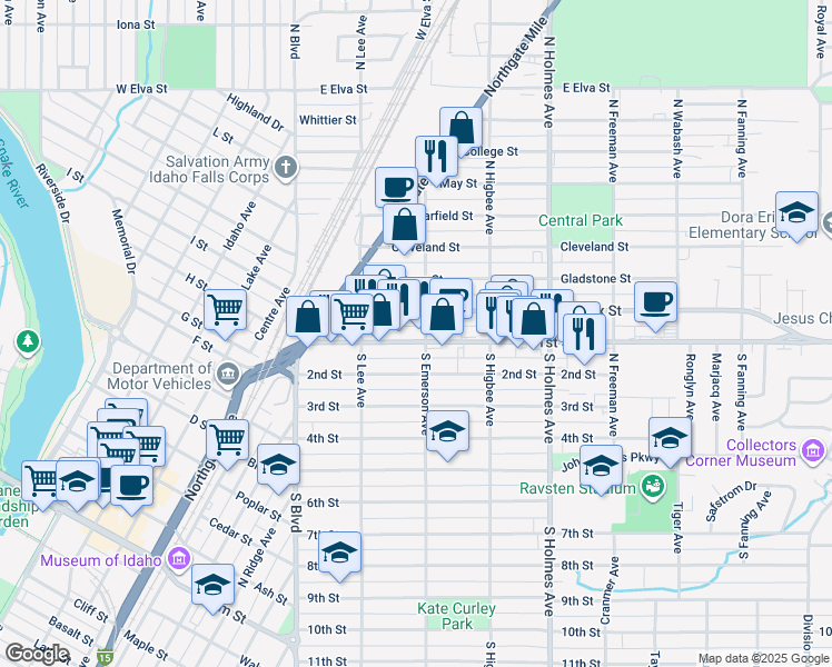 map of restaurants, bars, coffee shops, grocery stores, and more near 285 1st Street in Idaho Falls