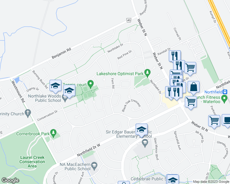 map of restaurants, bars, coffee shops, grocery stores, and more near 618 Fern Road in Waterloo