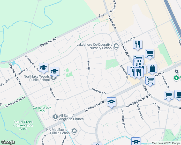 map of restaurants, bars, coffee shops, grocery stores, and more near 618 Fern Road in Waterloo