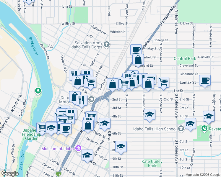 map of restaurants, bars, coffee shops, grocery stores, and more near 125 Northgate Mile in Idaho Falls