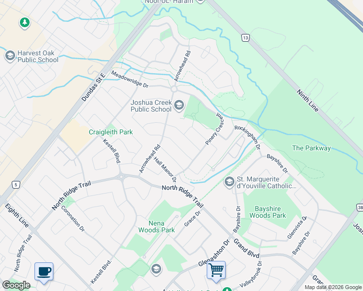 map of restaurants, bars, coffee shops, grocery stores, and more near 2357 Rideau Drive in Oakville