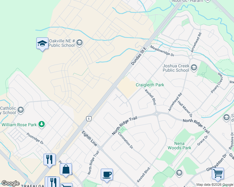 map of restaurants, bars, coffee shops, grocery stores, and more near 2480 Prince Michael Drive in Oakville