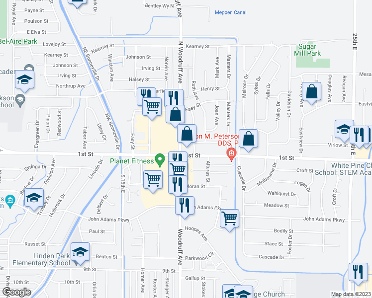 map of restaurants, bars, coffee shops, grocery stores, and more near 100 North Woodruff Avenue in Idaho Falls