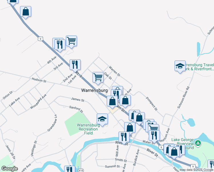 map of restaurants, bars, coffee shops, grocery stores, and more near 14 King Street in Warrensburg