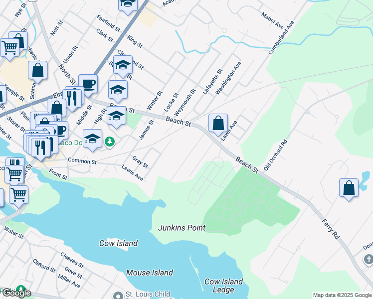 map of restaurants, bars, coffee shops, grocery stores, and more near 19 Hall Avenue in Saco