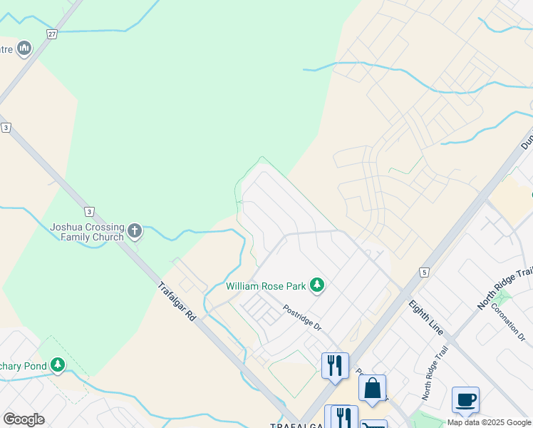 map of restaurants, bars, coffee shops, grocery stores, and more near Buttonbush Trail in Oakville