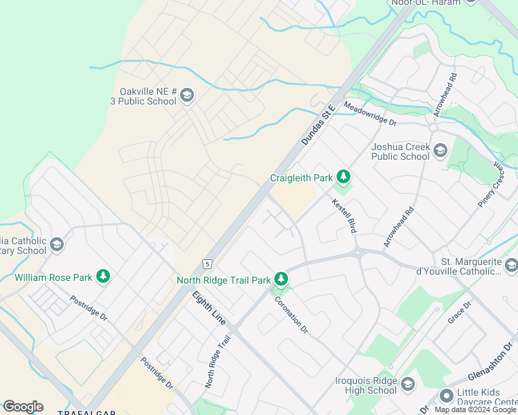 map of restaurants, bars, coffee shops, grocery stores, and more near 1142 Dundas Street East in Oakville