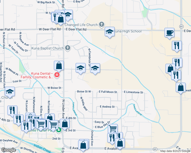 map of restaurants, bars, coffee shops, grocery stores, and more near 441 East Porter Street in Kuna