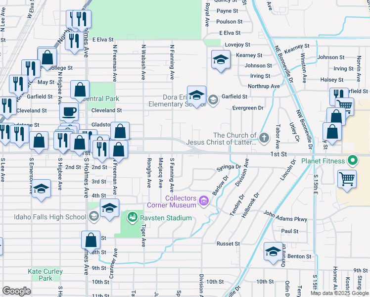 map of restaurants, bars, coffee shops, grocery stores, and more near 835-853 1st Street in Idaho Falls