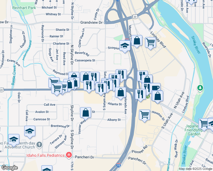 map of restaurants, bars, coffee shops, grocery stores, and more near 1490 West Broadway Street in Idaho Falls