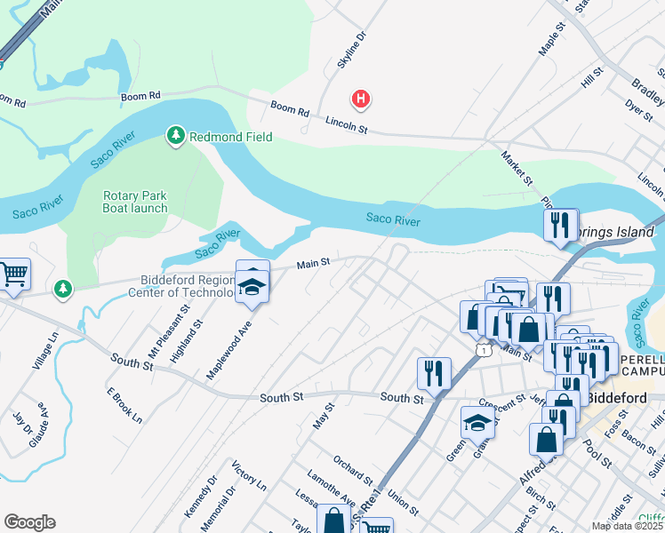 map of restaurants, bars, coffee shops, grocery stores, and more near 455 Main Street in Biddeford