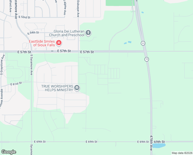map of restaurants, bars, coffee shops, grocery stores, and more near 5478 East 57th Street in Sioux Falls
