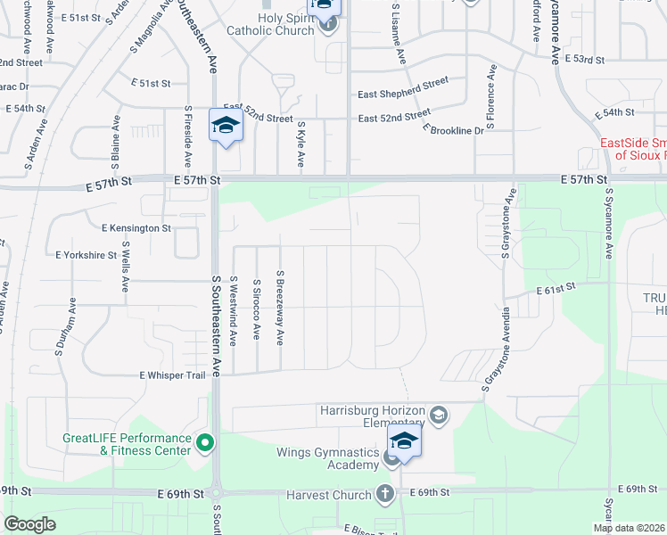 map of restaurants, bars, coffee shops, grocery stores, and more near 5301 South Chinook Avenue in Sioux Falls