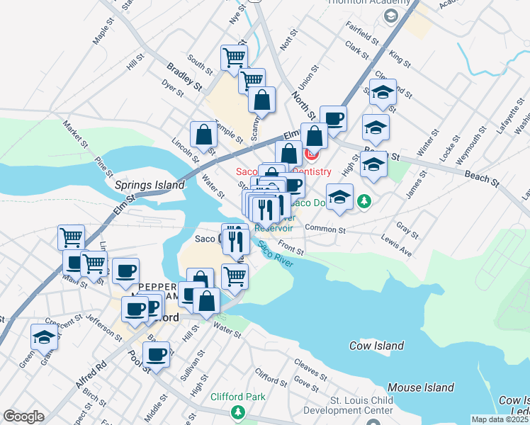 map of restaurants, bars, coffee shops, grocery stores, and more near 206 Main Street in Saco