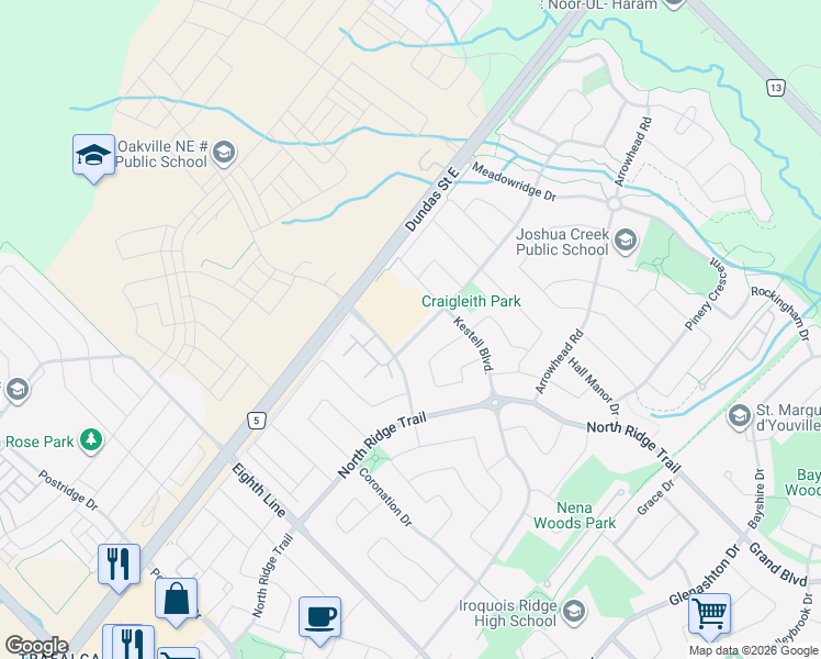 map of restaurants, bars, coffee shops, grocery stores, and more near 1259 Craigleith Road in Oakville